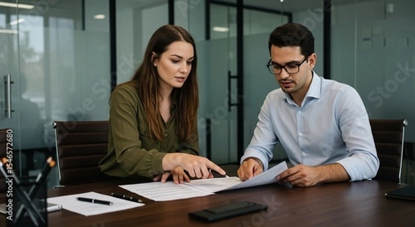 Obraz Business colleagues reviewing documents together in office