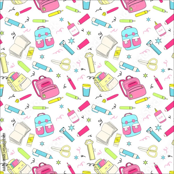 Fototapeta Bright school supplies pattern for back to school design and decoration.