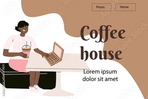 Fototapeta Coffee house scene with a woman using laptop for relaxation and enjoyment.