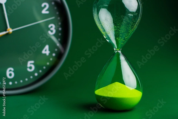 Obraz Hourglass stops time of work and life. Process and rules of limited time. Hourglass photo in studio.