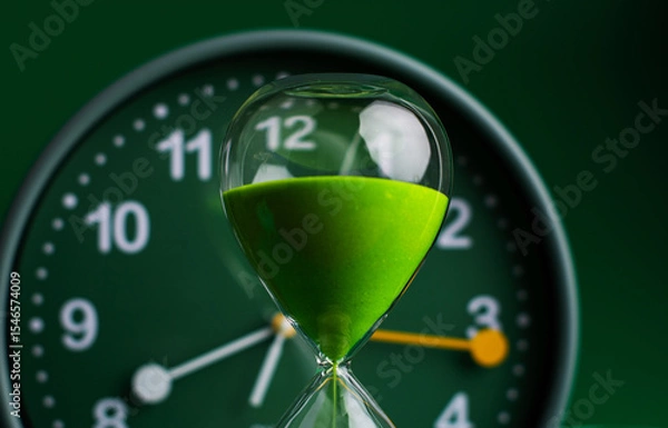Obraz Hourglass stops time of work and life. Process and rules of limited time. Hourglass photo in studio.