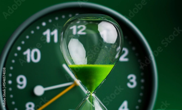 Obraz Hourglass stops time of work and life. Process and rules of limited time. Hourglass photo in studio.