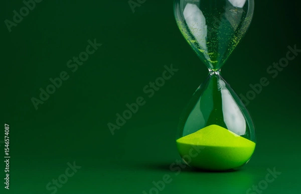 Obraz Hourglass stops time of work and life. Process and rules of limited time. Hourglass photo in studio.