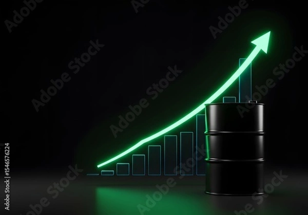 Fototapeta A black crude oil barrel placed beside a digital arrow graph pointing sharply upward, symbolizing rising prices due to conflict