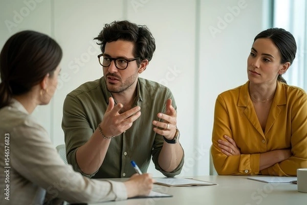 Obraz A man explains a concept to two colleagues during a business meeting