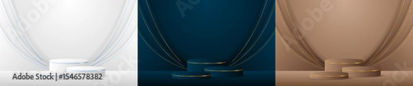 Fototapeta Set of white, blue, brown podiums for displaying advertisements. Display of cosmetic products. Stage or podium. vector illustration	