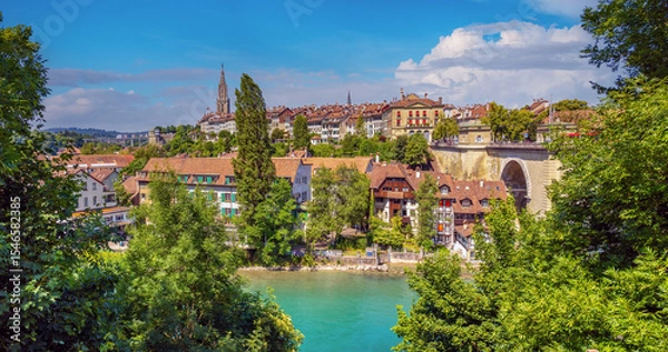 Fototapeta View of the old town of Bern, the Aare river and the Nydegg bridge from the BärenPark (Bear Park), Bern, Switzerland