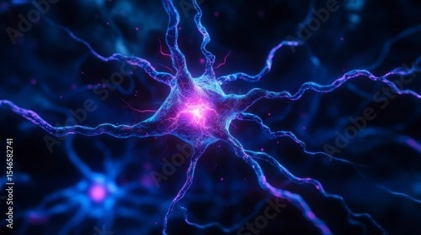 Fototapeta Microscopic view of a glowing neuron with branching dendrites and axons, displaying complex neural network connections.