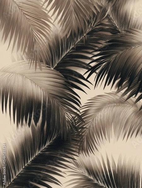 Fototapeta Monochrome palm leaves pattern on beige background