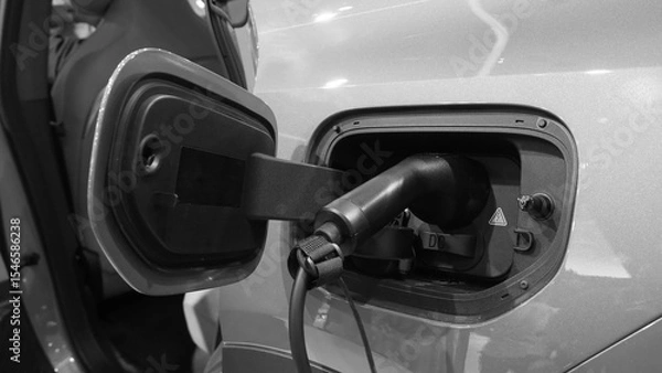 Fototapeta An electric vehicle charging port with a plugged in charging cable