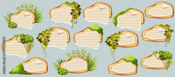 Obraz Wooden signboards with old paper, stems ivy, liana, grapes, vine, swamp moss, forest lichen. Set isolated wooden elements with blank, with school page in line, ragged graph paper. 