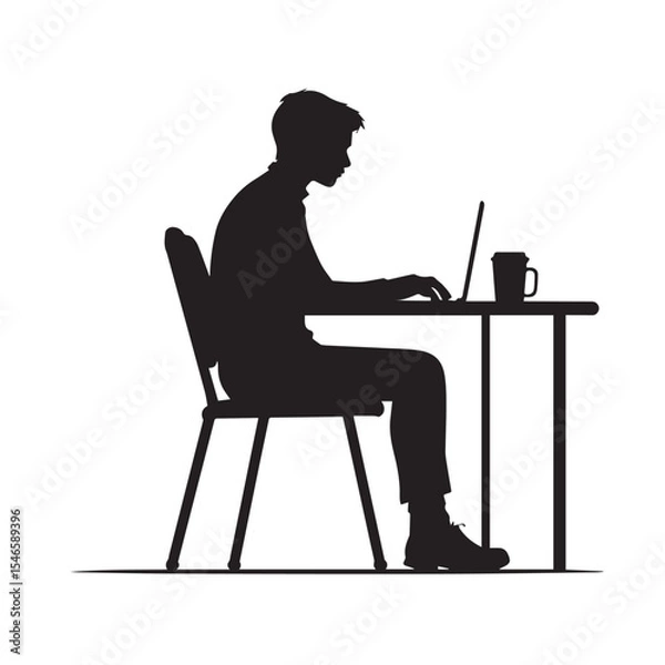 Fototapeta Silhouette of a man working on a laptop at a desk isolated on white
