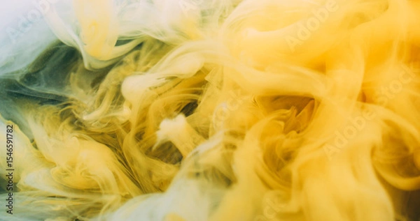Fototapeta Fume blend. Haze flow. Bright yellow white swirl color stream. Paint mixing art splash defocused abstract background floating wave.
