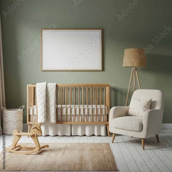 Fototapeta Horizontal Wooden Frame Mockup in a Cozy Scandinavian Nursery with a Sage Green Wall