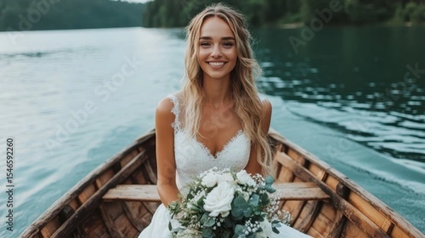 Fototapeta A joyful bride in a rustic boat, surrounded by serene waters and lush landscapes, radiating love and happiness, perfect for wedding and romance-themed projects.