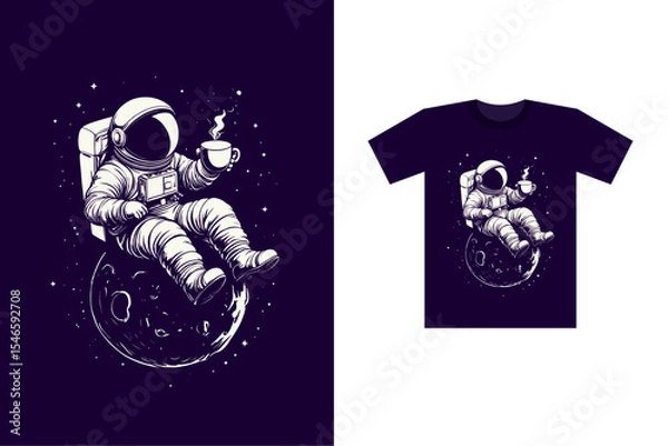 Fototapeta Vector illustration of an astronaut relaxing on a floating asteroid while drinking coffee. T-shirt graphic style, isolated on white background.