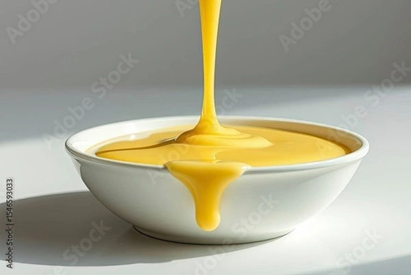 Fototapeta Yellow liquid pours into a white bowl with some spilling over the edge creating a smooth glossy texture A cast shadow appears on the white surface