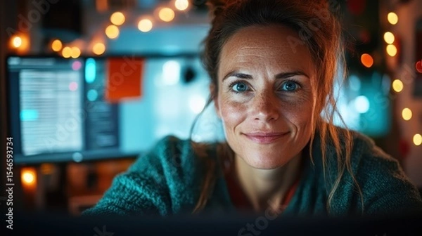 Fototapeta A warm image of a smiling woman in a cozy workspace adorned with soft lights, creating an inviting atmosphere filled with creativity and positivity, inviting viewers into her world.