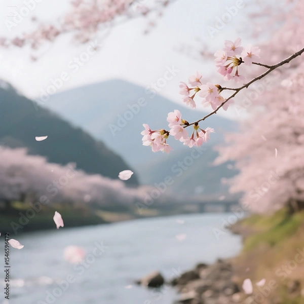 Obraz Cherry Blossom Trees by the Riverside