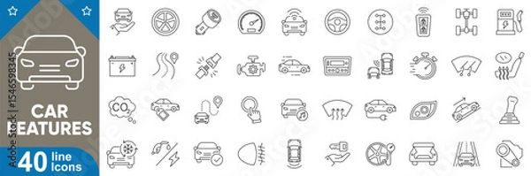 Fototapeta Car features line editable icons set. vector illustration in modern thin stroke style showcasing automotive components, smart technology, safety features, dashboard symbols, and more.
