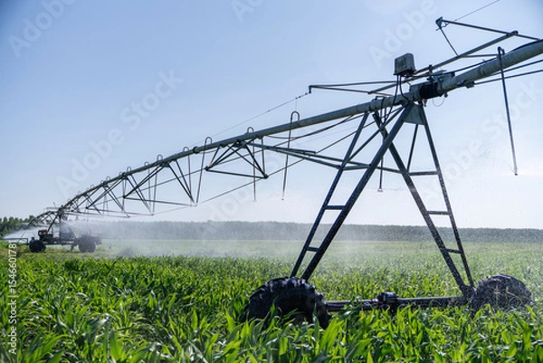 Fototapeta Agricultural pivot irrigation system on a corn field