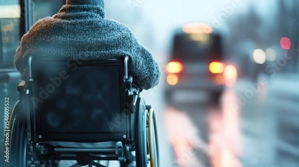 Fototapeta A thoughtful individual in a wheelchair waits at a bus stop, emphasizing themes of accessibility and resilience in a rainy urban setting.