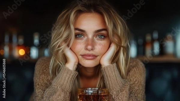 Fototapeta A young woman with striking features rests her face in her hands, staring intently at the camera, with a drink enhancing the warm, inviting atmosphere of the bar.