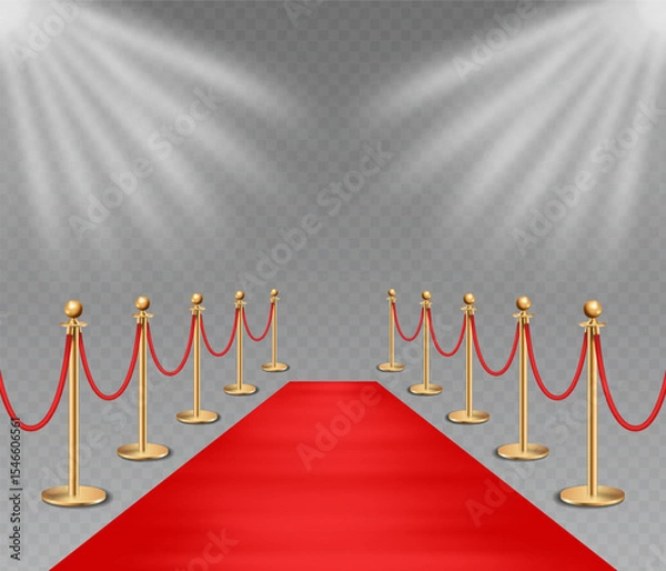 Fototapeta Red carpet entrance with golden barriers under bright spotlights. Realistic vector illustration isolated on transparent background.
