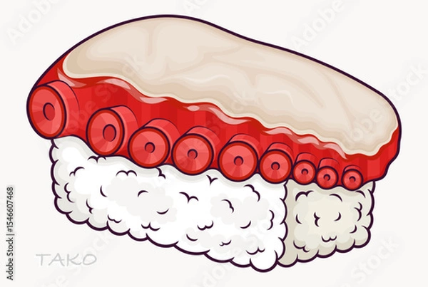 Fototapeta Traditional Japanese sushi with octopus tentacle on rice, styled in a cute cartoon art for menus or design.
