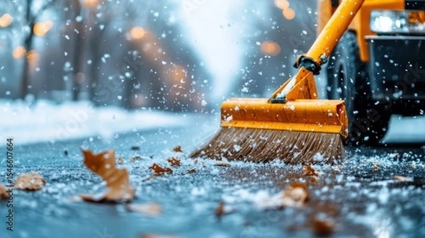 Fototapeta A street sweeper clears fallen leaves amid softly falling snow, showcasing the interplay between urban maintenance and the calm beauty of a winter landscape in transition.