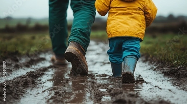 Fototapeta A touching scene of a child in yellow raincoat walking alongside an adult on a muddy path, emphasizing nature, companionship, and the joy of outdoor exploration.