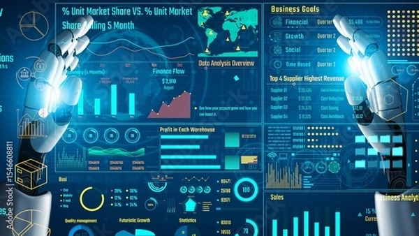 Fototapeta AI artificial intelligence drives data analytics with predictive models, smart dashboards, and virtual assistant insights for data-driven business decisions.