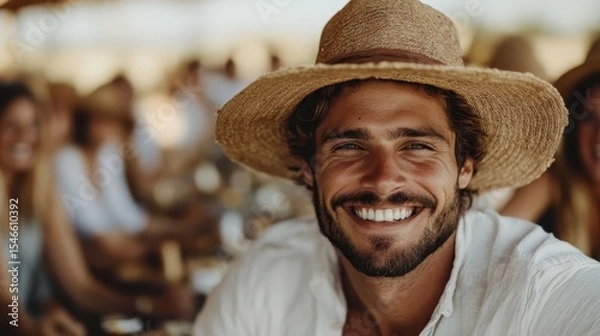 Fototapeta A joyful man with a big smile and straw hat captures the essence of happiness at a sunny outdoor gathering, radiating positive vibes amidst friends and family.