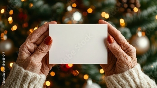 Fototapeta A close-up view of elderly hands gently holding a blank card in front of a beautifully decorated Christmas tree, signifying warmth, nostalgia, and the spirit of giving during festive times.