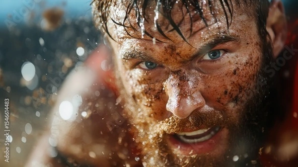 Fototapeta A close-up of a determined athlete covered in mud, illustrating the grit and determination required to overcome challenges during a strenuous outdoor competition.
