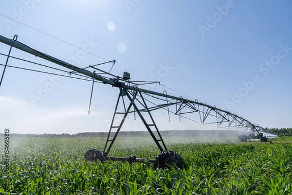 Fototapeta Agricultural pivot irrigation system on a corn field