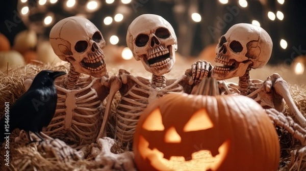 Fototapeta A whimsical scene featuring three laughing skeletons surrounded by festive pumpkins, embodying a playful and humorous take on Halloween traditions and skeleton humor.