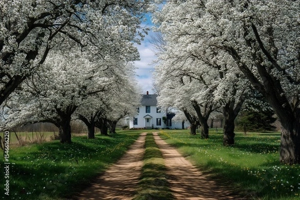 Fototapeta Beautiful row of apple trees in full blossom along a serene country pathway during spring season