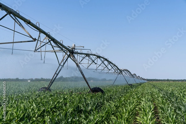 Fototapeta Agricultural pivot irrigation system on a corn field
