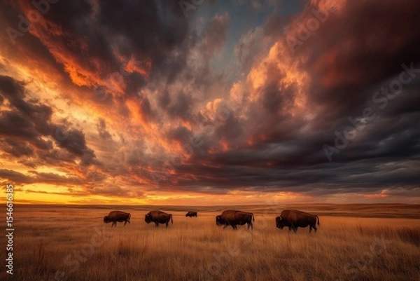 Fototapeta Bison herd grazes under a dramatic sky at sunset in a tranquil prairie landscape