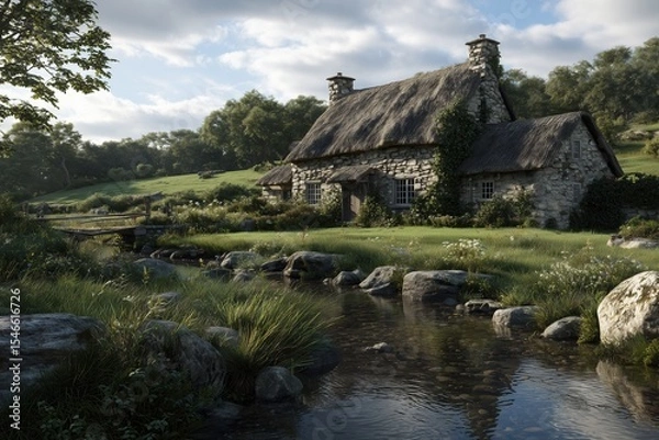 Fototapeta Charming traditional stone farmhouse with thatched roof by a tranquil stream in a lush rural landscape during daylight