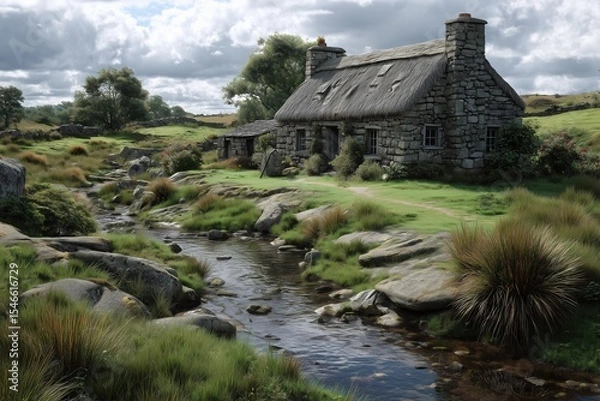 Fototapeta Traditional stone farmhouse nestled by a serene stream surrounded by lush greenery on a cloudy day