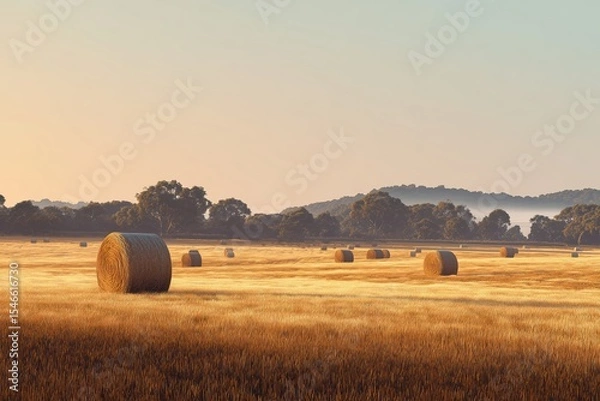Fototapeta Yellow baler winding hay bales in a golden field at sunset near rolling hills