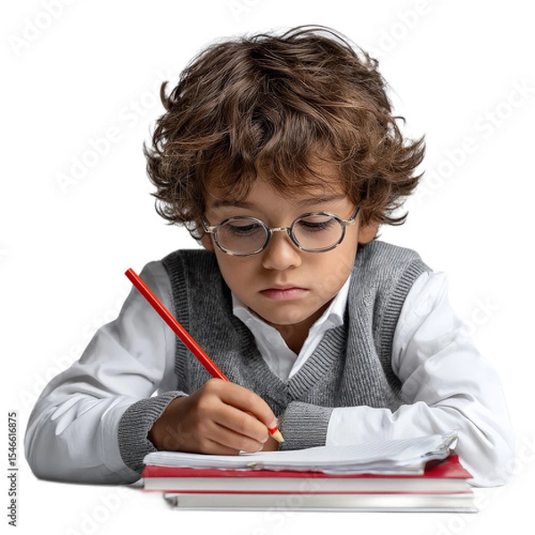 Fototapeta Young boy with glasses focused on homework, writing with red pencil on stack of notebooks, education concept for children