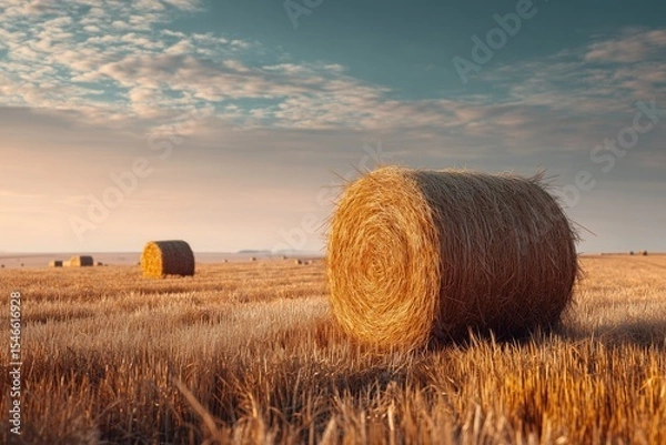 Fototapeta Wide shot captures yellow baler winding hay bales in golden fields during sunset in rural landscape