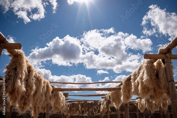 Fototapeta Alpaca fleeces drying under the sun on bamboo frames in a rural setting