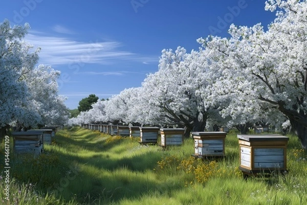 Fototapeta Beehives lined up in a flourishing orchard during springtime under clear blue skies