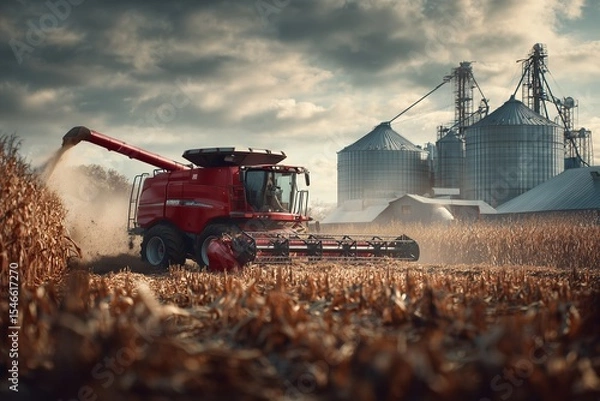 Fototapeta Wide view of a red chopper shredding corn in a rural field during overcast weather