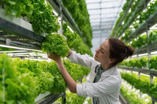 Fototapeta Woman checking humidity gauge while caring for lettuce in a greenhouse during daylight hours