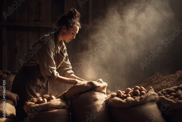 Fototapeta Woman fills burlap sacks with freshly dug potatoes in rustic barn setting during early morning light